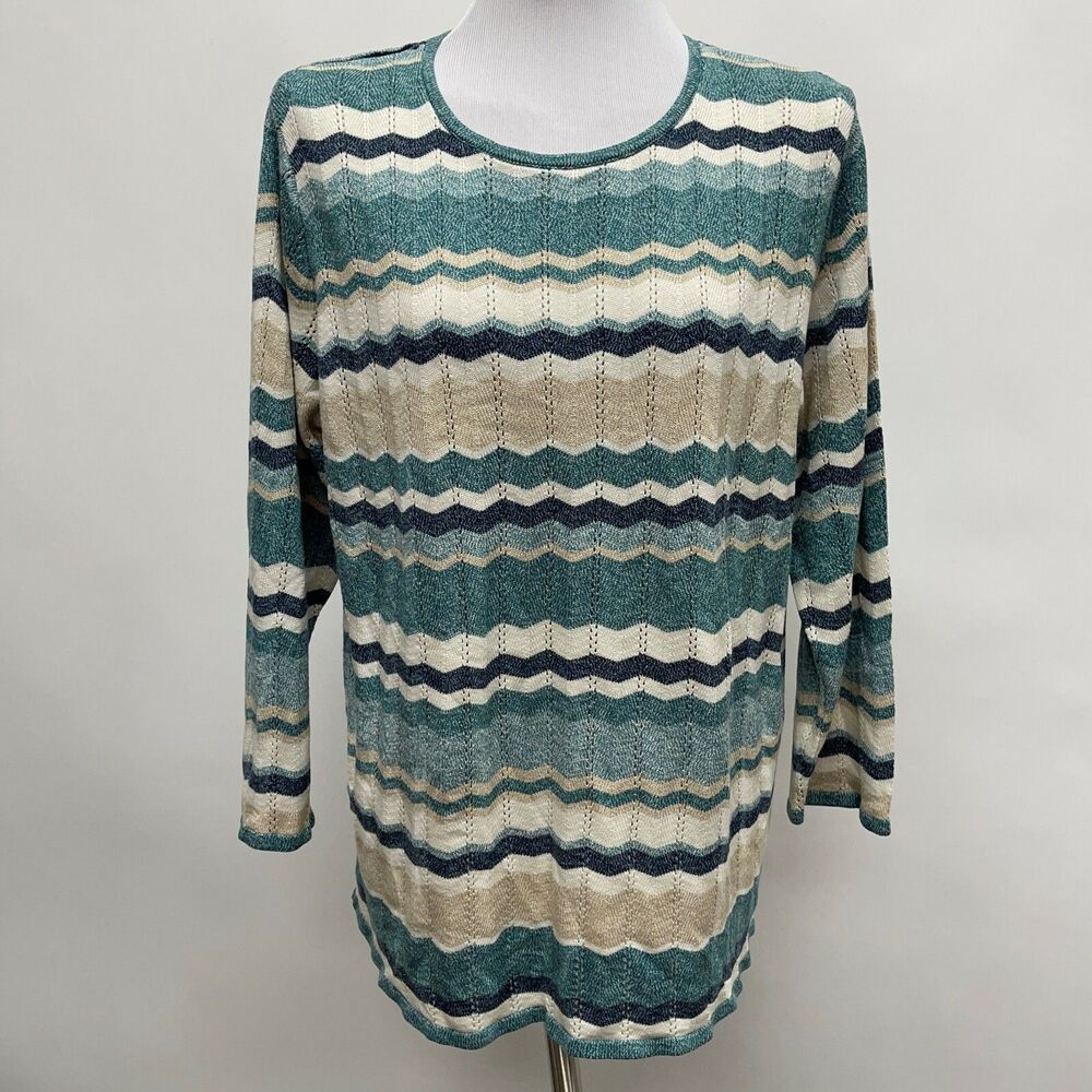 Alfred Dunner Women's Sweater Size 1X Green Blue‎ Ivory Beige Multicolor Striped